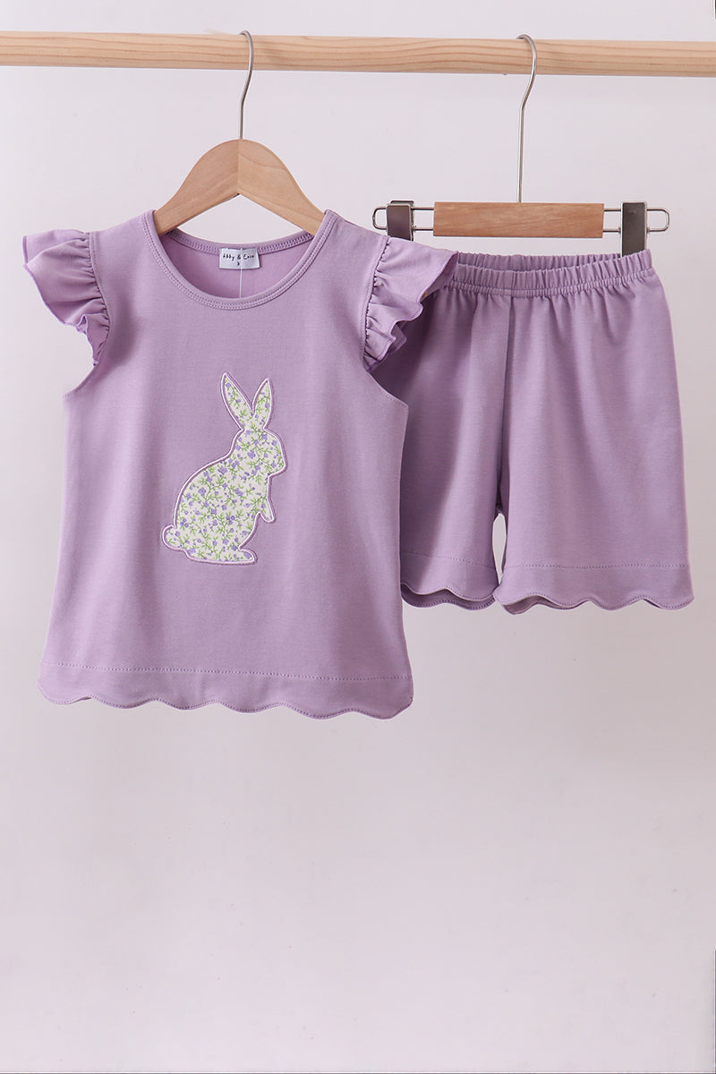 Purple bunny applique ruffle shorts set - Cloudling Kids Clothing