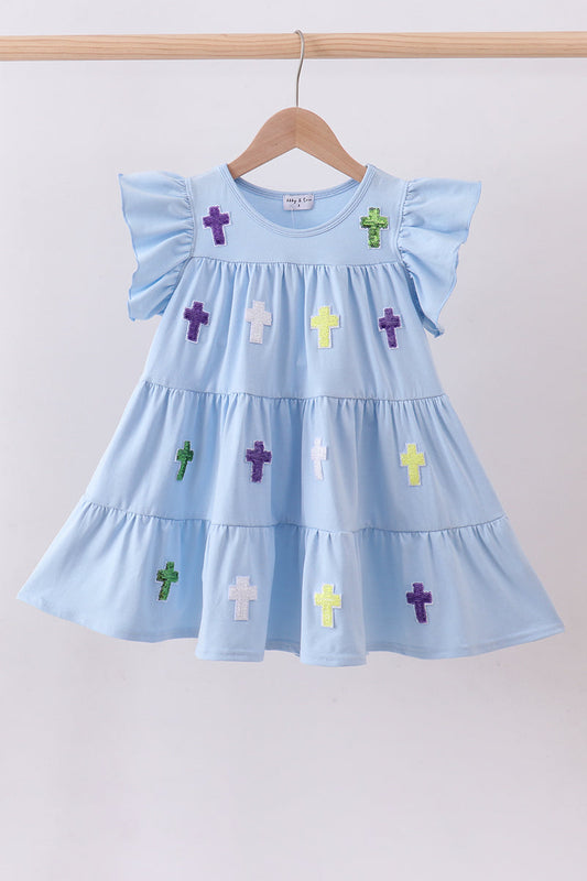 Blue cross sequin tiered dress - Cloudling Kids Clothing