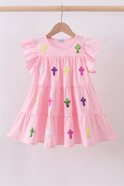 Pink cross sequin tiered dress