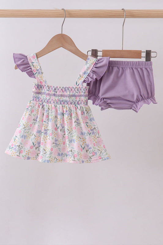 Purple floral smocked ruffle bloomer set - Cloudling Kids Clothing