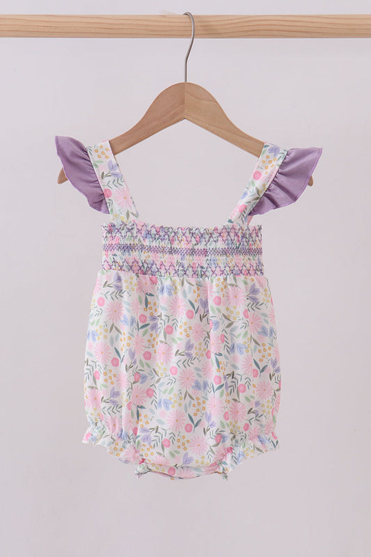 Purple floral smocked ruffle bubble - Cloudling Kids Clothing