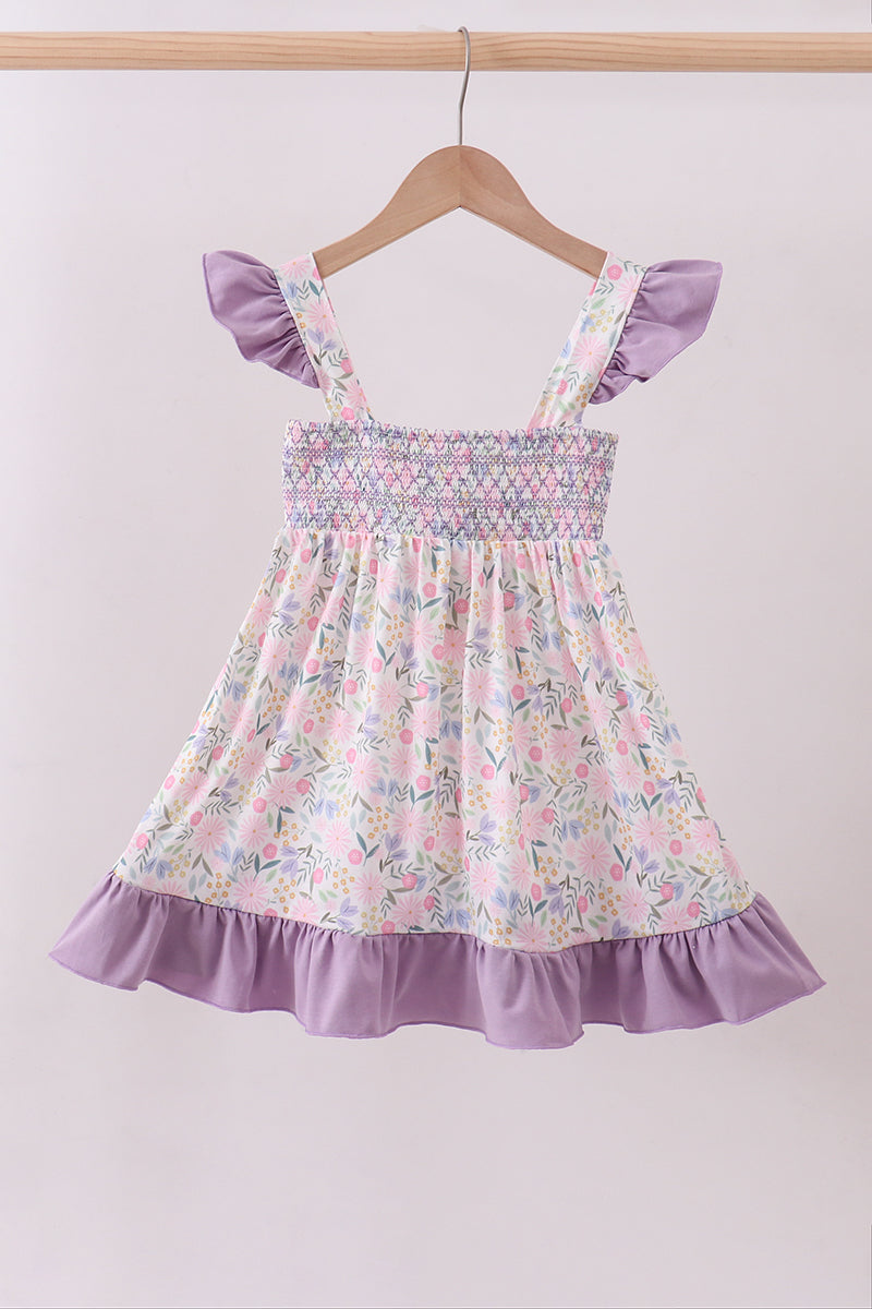 Purple floral smocked ruffle dress - Cloudling Kids Clothing