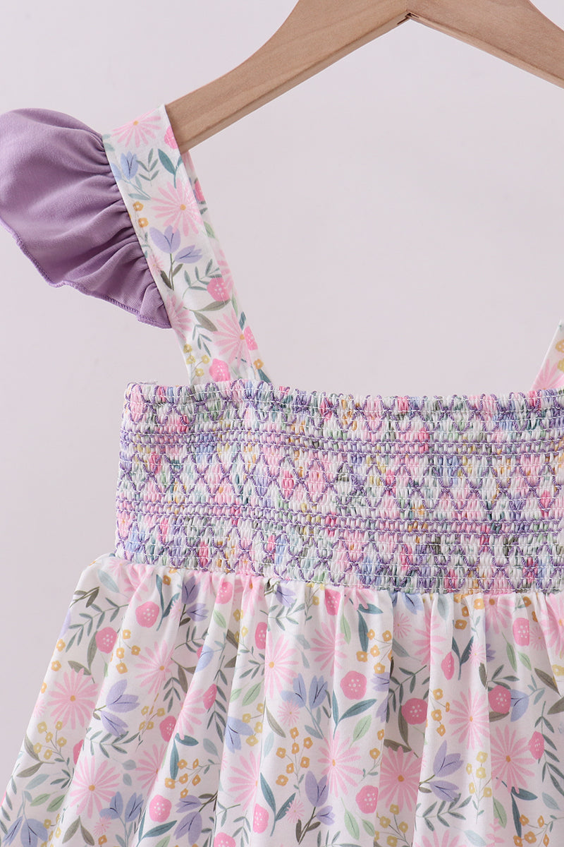 Purple floral smocked ruffle dress - Cloudling Kids Clothing