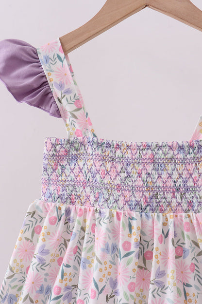 Purple floral smocked ruffle dress - Cloudling Kids Clothing