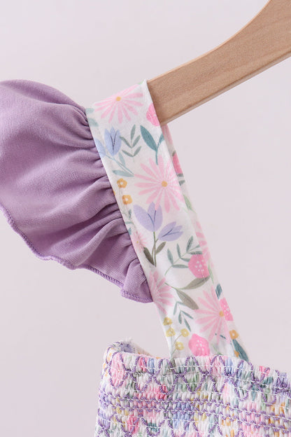 Purple floral smocked ruffle dress - Cloudling Kids Clothing