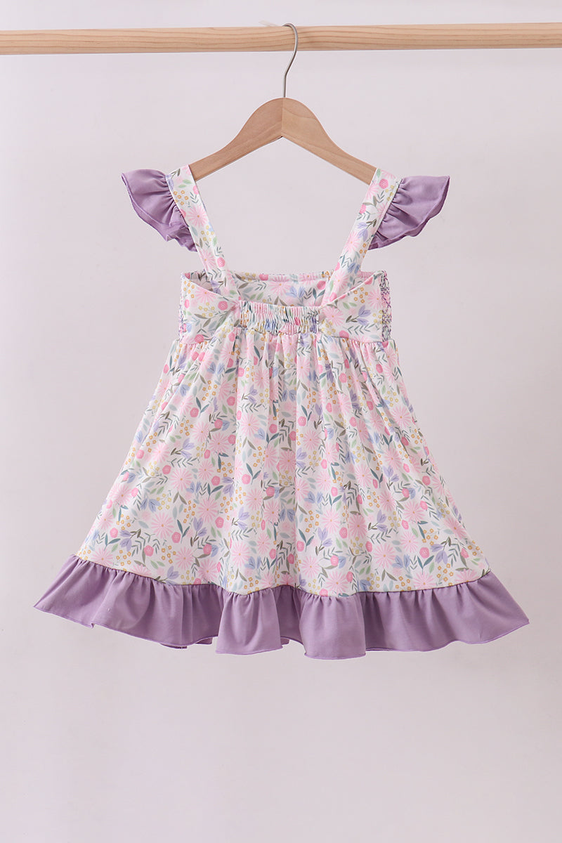 Purple floral smocked ruffle dress - Cloudling Kids Clothing