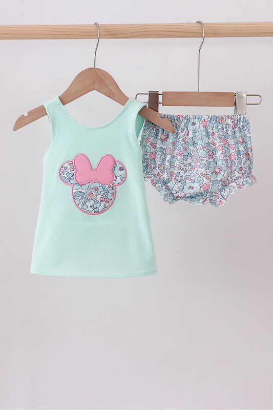 Mint floral character applique bloomer set - Cloudling Kids Clothing