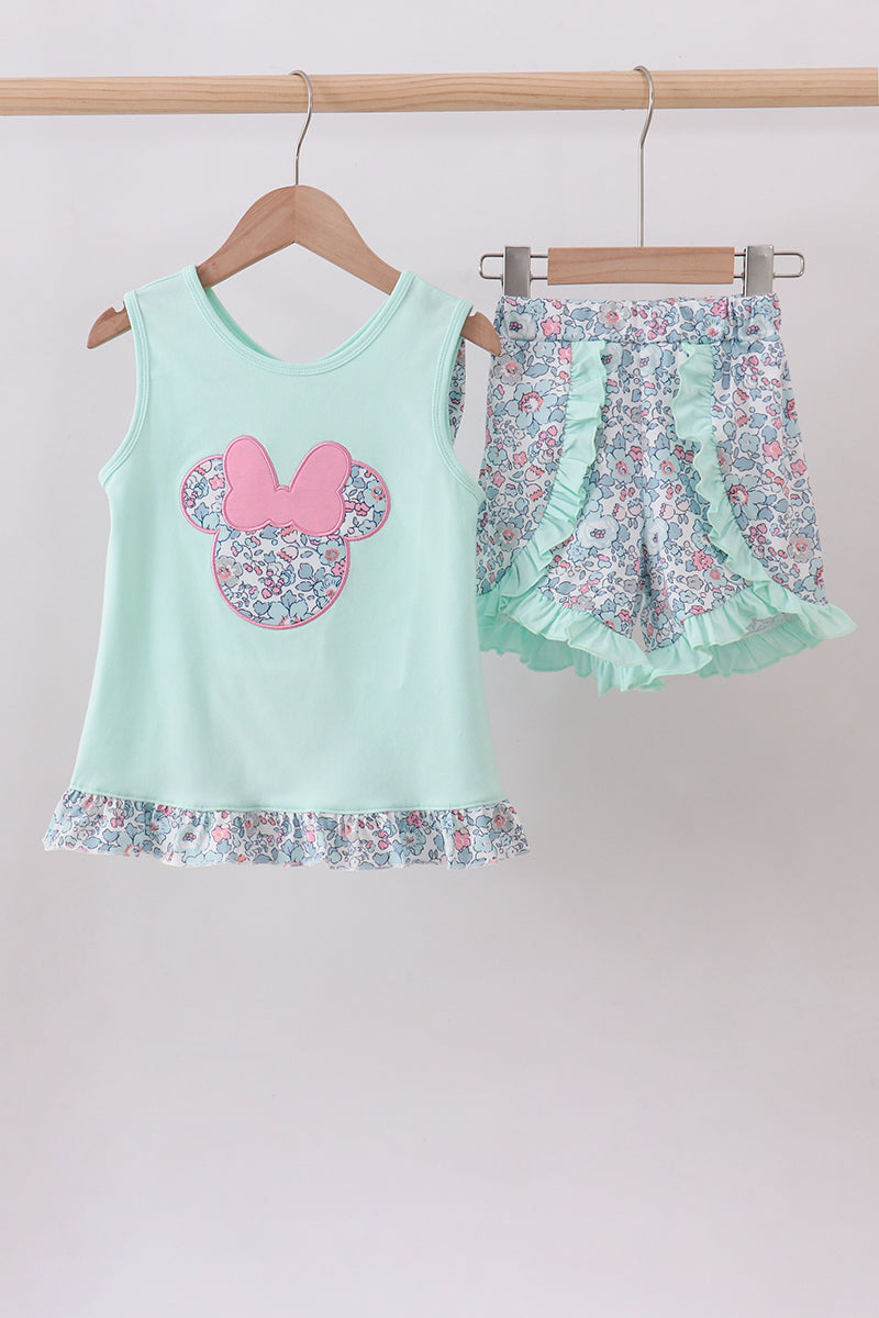 Mint floral character applique ruffle shorts set - Cloudling Kids Clothing