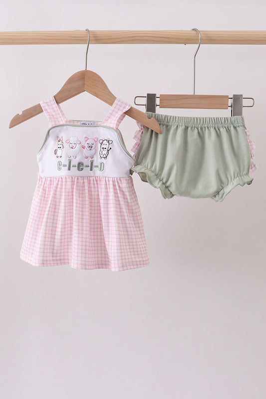 Pink farm animal embroidery bloomer set - Cloudling Kids Clothing