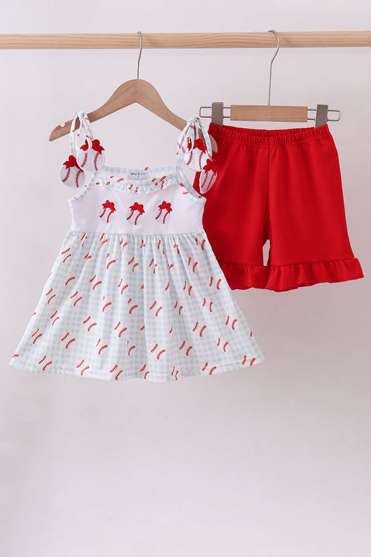 Baseball applique ruffle gingham shorts set - Cloudling Kids Clothing
