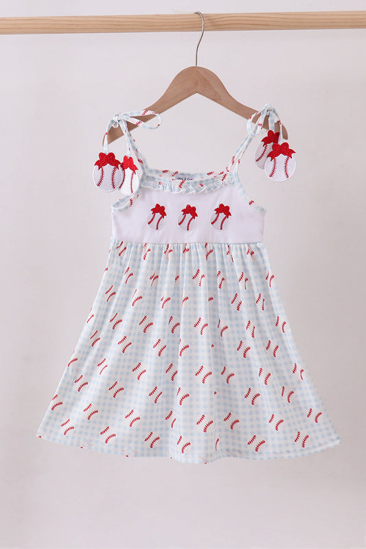Baseball applique ruffle gingham dress - Cloudling Kids Clothing