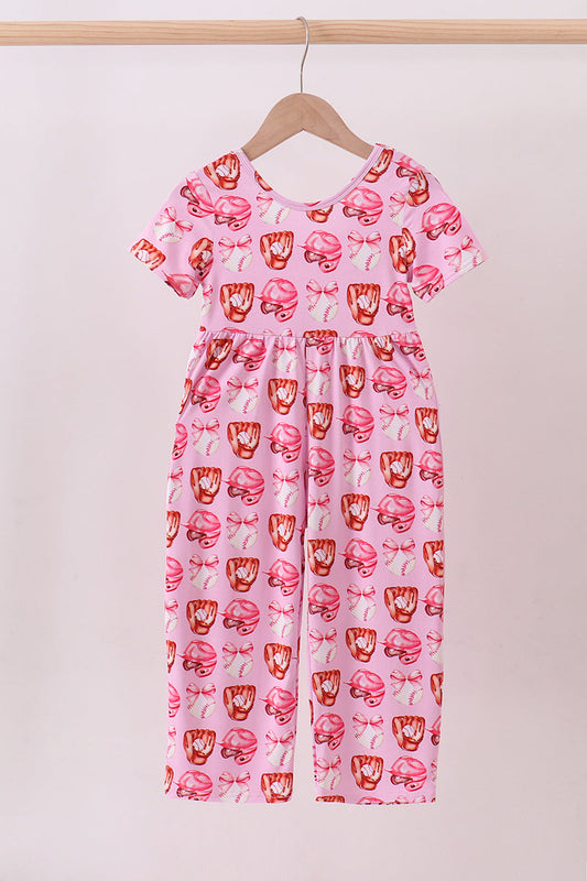 Pink bow baseball bamboo jumpsuit - Cloudling Kids Clothing
