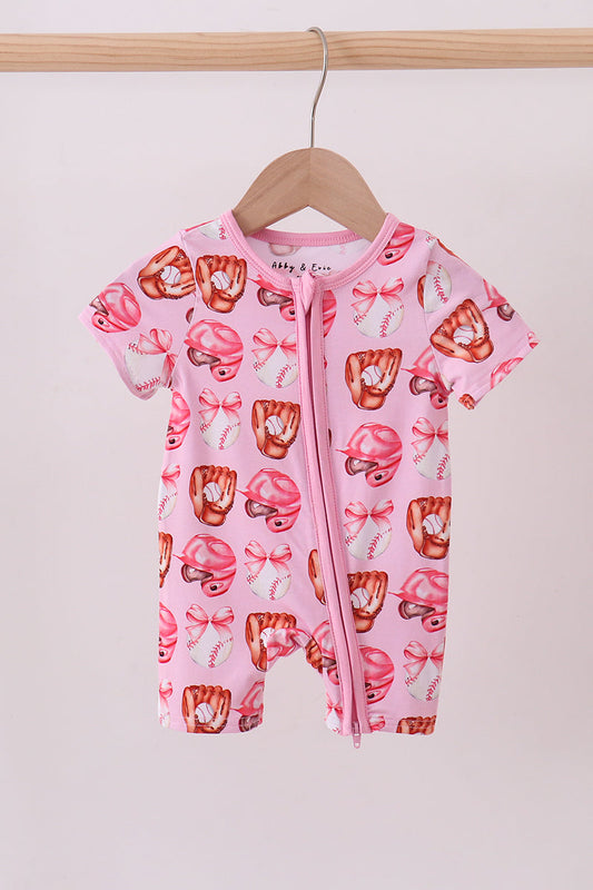 Pink bow baseball bamboo romper - Cloudling Kids Clothing