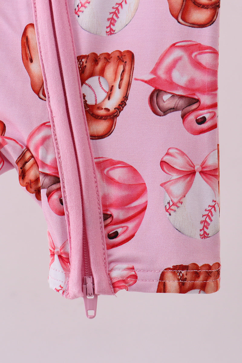 Pink bow baseball bamboo romper - Cloudling Kids Clothing