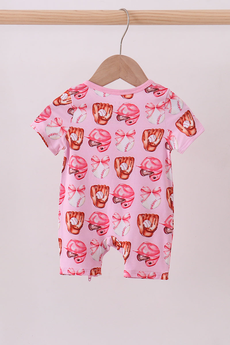 Pink bow baseball bamboo romper - Cloudling Kids Clothing