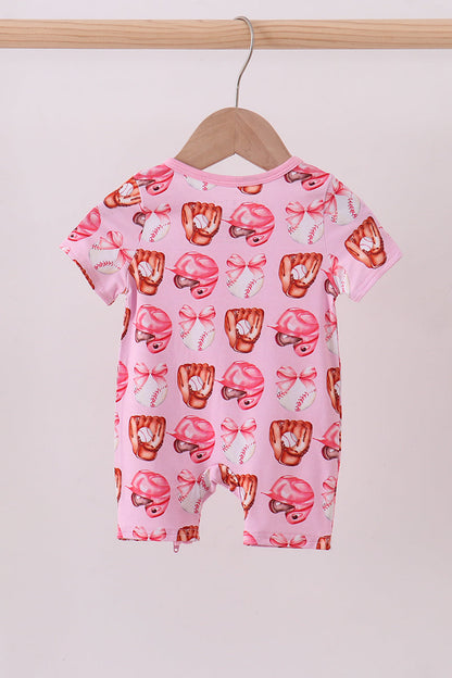 Pink bow baseball bamboo romper - Cloudling Kids Clothing