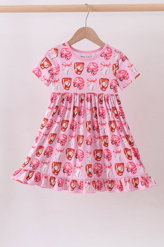 Pink bow baseball bamboo dress - Cloudling Kids Clothing