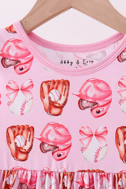Pink bow baseball bamboo dress - Cloudling Kids Clothing