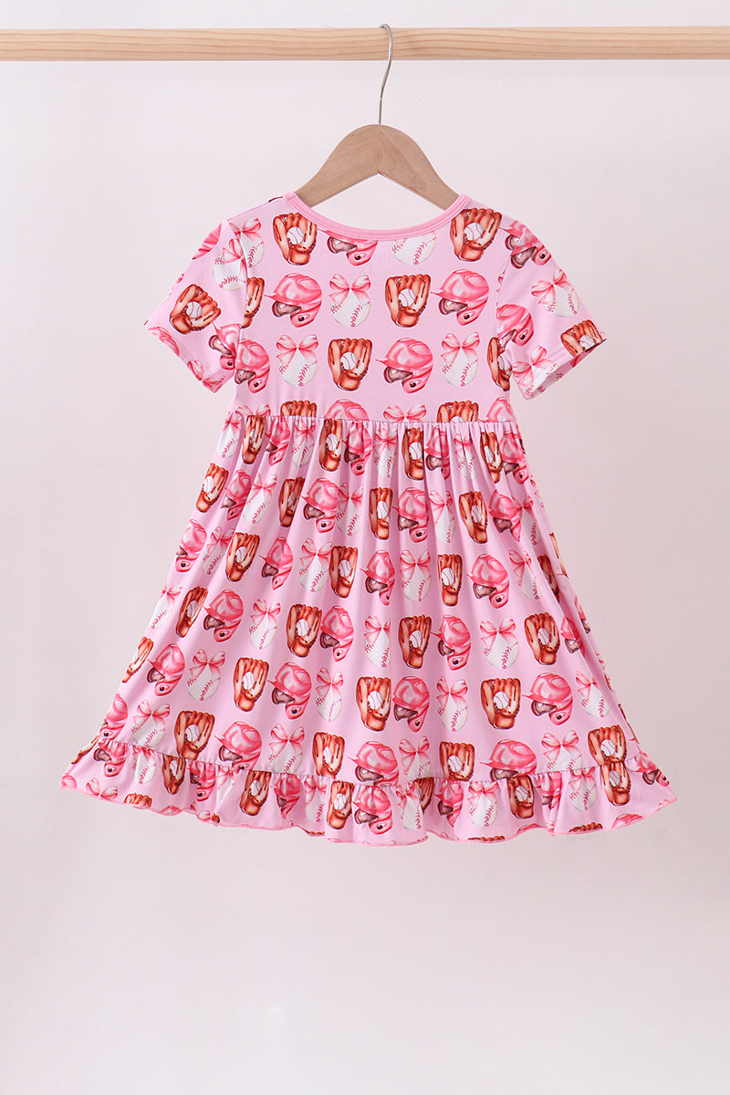 Pink bow baseball bamboo dress - Cloudling Kids Clothing