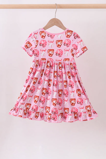 Pink bow baseball bamboo dress - Cloudling Kids Clothing