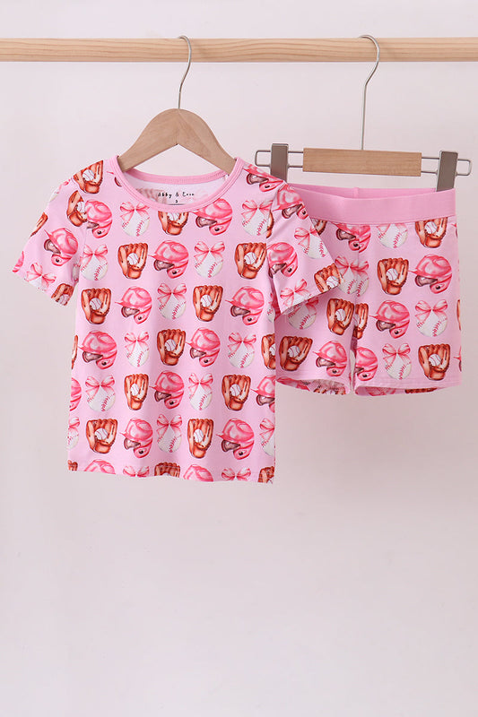 Pink bow baseball bamboo pajama set - Cloudling Kids Clothing