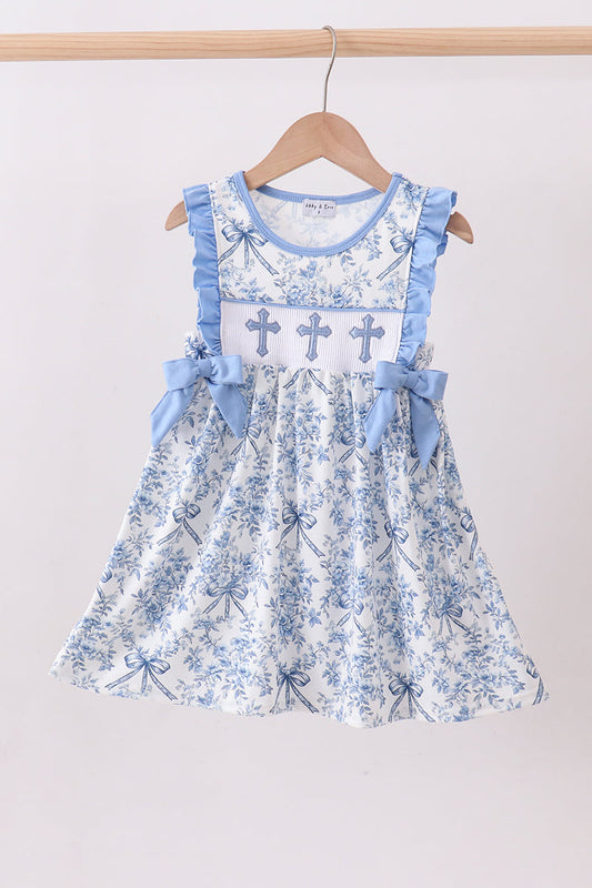 Blue floral cross smocked ruffle dress - Cloudling Kids Clothing
