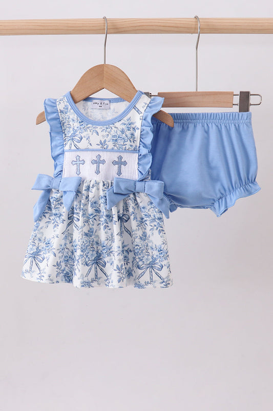 Blue floral cross smocked bloomer set - Cloudling Kids Clothing