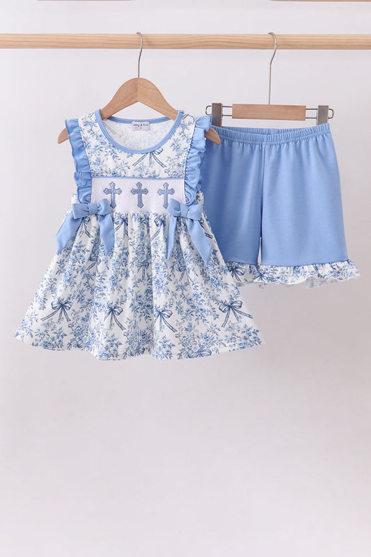 Blue floral cross smocked ruffle shorts set - Cloudling Kids Clothing