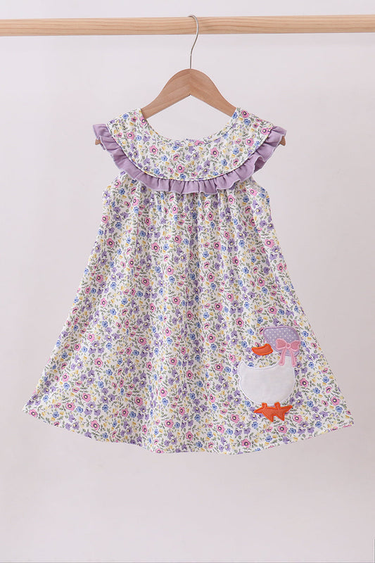 Purple floral goose applique ruffle dress - Cloudling Kids Clothing