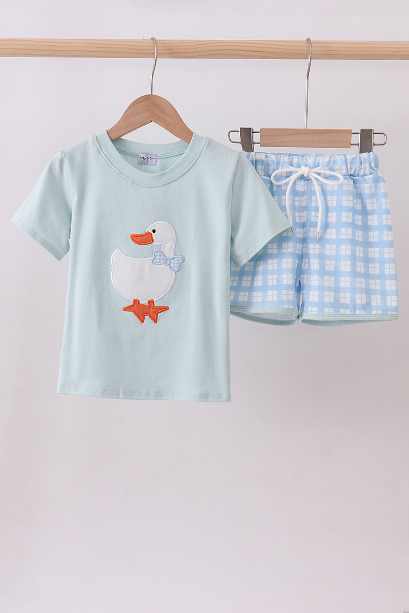 Blue goose applique gingham shorts set - Cloudling Kids Clothing