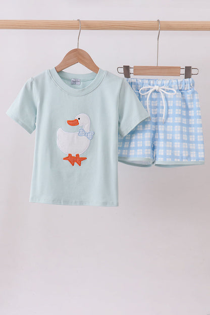 Blue goose applique gingham shorts set - Cloudling Kids Clothing