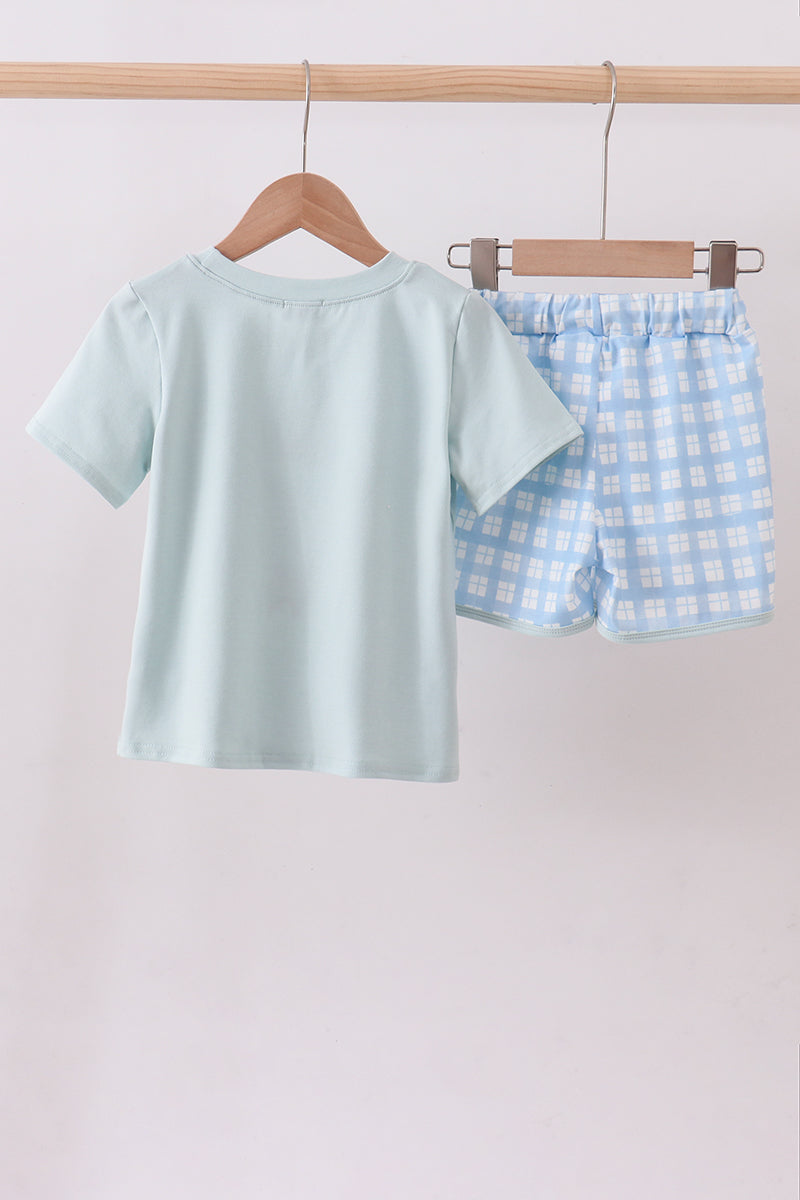 Blue goose applique gingham shorts set - Cloudling Kids Clothing
