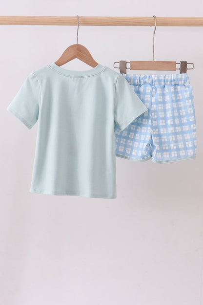 Blue goose applique gingham shorts set - Cloudling Kids Clothing