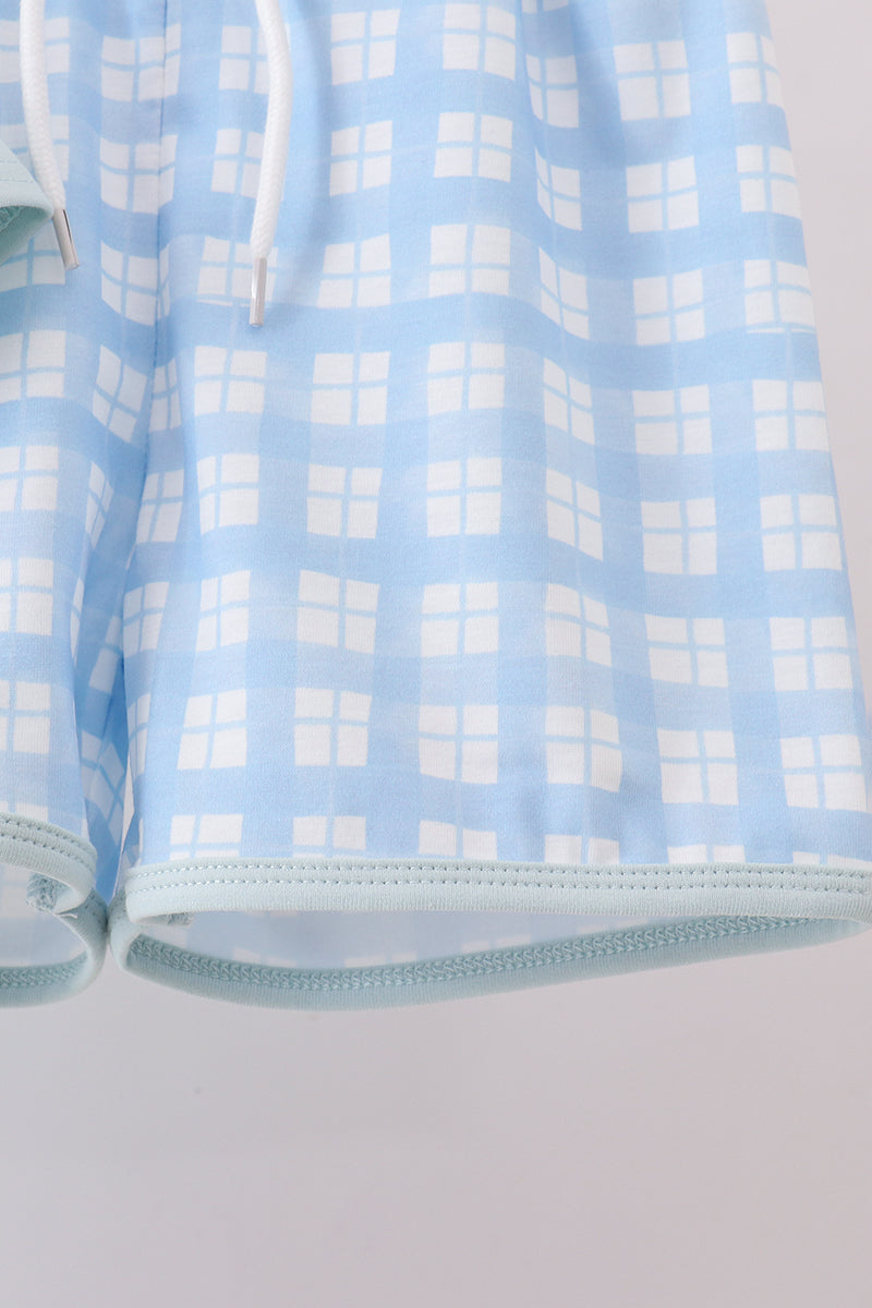 Blue goose applique gingham shorts set - Cloudling Kids Clothing