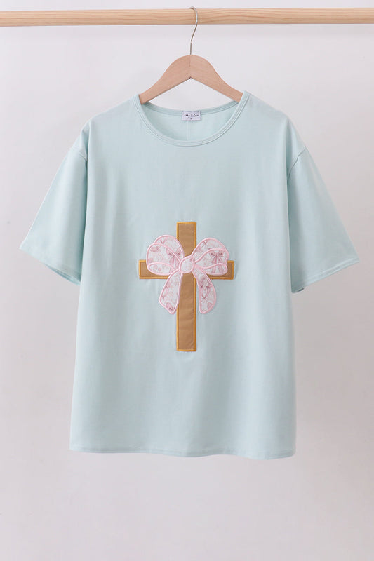 Blue bowknot cross applique top - Cloudling Kids Clothing