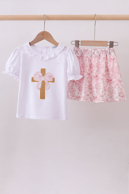 Pink bowknot cross applique skort set - Cloudling Kids Clothing