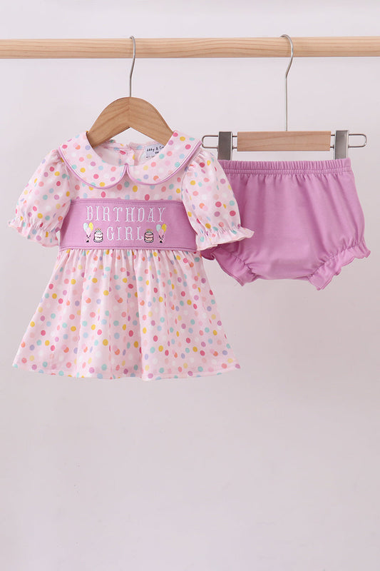 Purple birthday embroidery bloomer set - Cloudling Kids Clothing