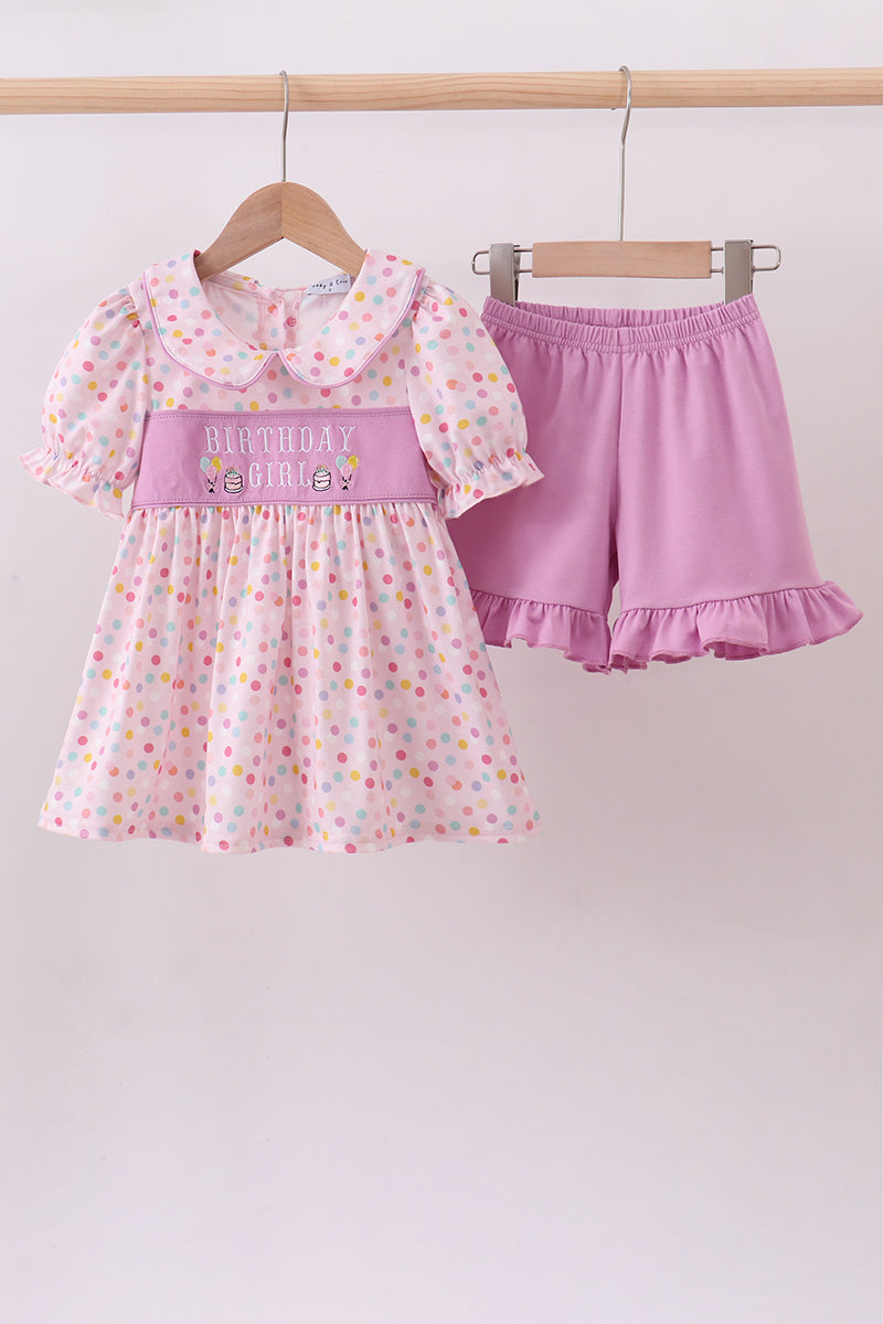 Purple birthday embroidery ruffle shorts set - Cloudling Kids Clothing