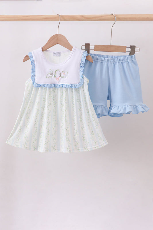 Floral bunny embroidery ruffle shorts set - Cloudling Kids Clothing
