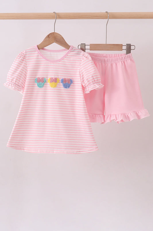 Pink character french knot ruffle shorts set