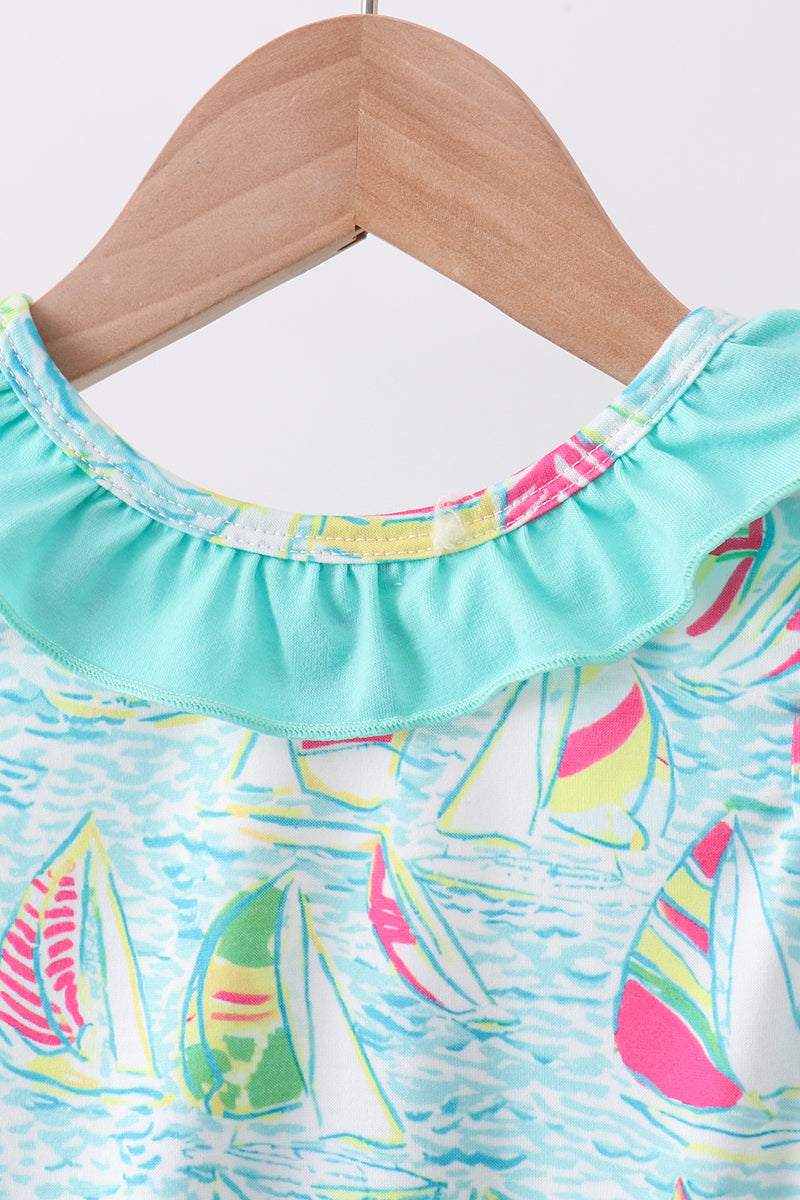 Blue sailboat print ruffle bubble
