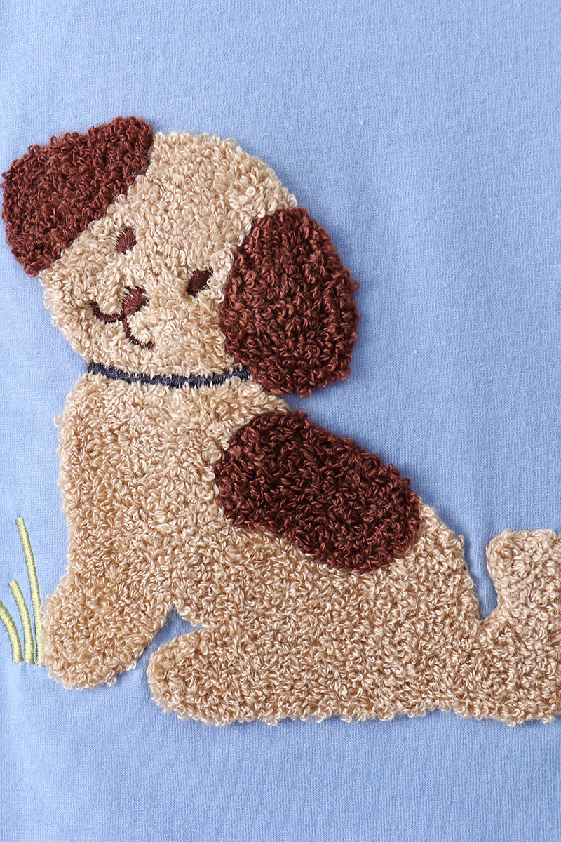 Blue puppy french knot stripe shorts set