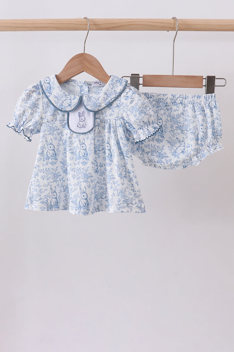 Navy bunny embroidery floral peter pan collar bloomer set - Cloudling Kids Clothing