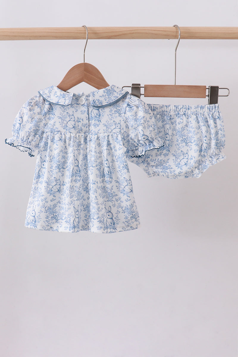 Navy bunny embroidery floral peter pan collar bloomer set - Cloudling Kids Clothing