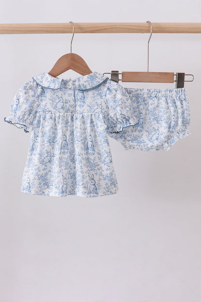 Navy bunny embroidery floral peter pan collar bloomer set - Cloudling Kids Clothing