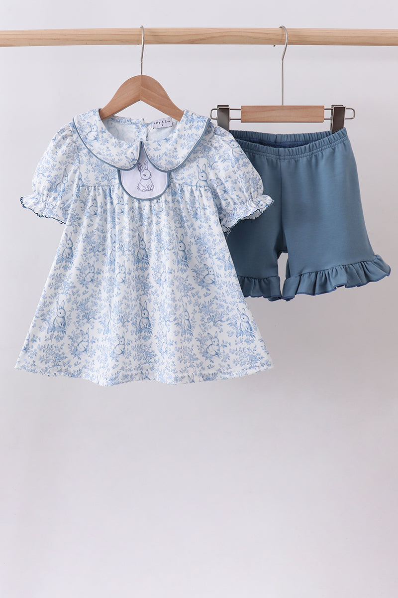 Navy bunny embroidery floral peter pan collar shorts set - Cloudling Kids Clothing