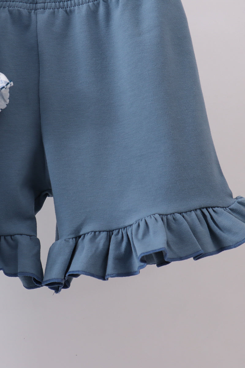 Navy bunny embroidery floral peter pan collar shorts set - Cloudling Kids Clothing