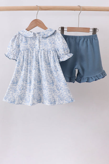 Navy bunny embroidery floral peter pan collar shorts set - Cloudling Kids Clothing