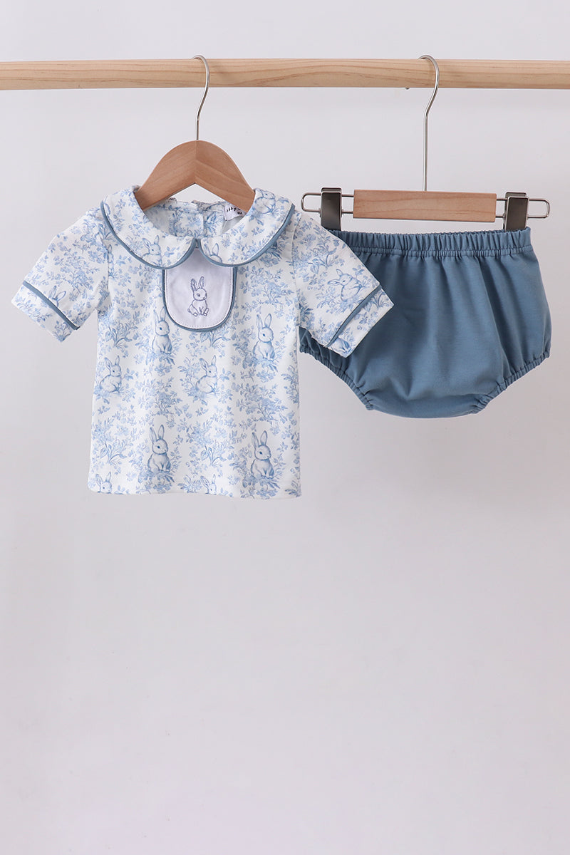 Navy bunny embroidery peter pan collar bloomer set - Cloudling Kids Clothing