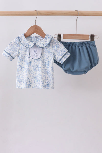 Navy bunny embroidery peter pan collar bloomer set - Cloudling Kids Clothing